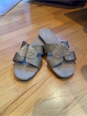 Woven Slide Sandals in Metallic Taupe